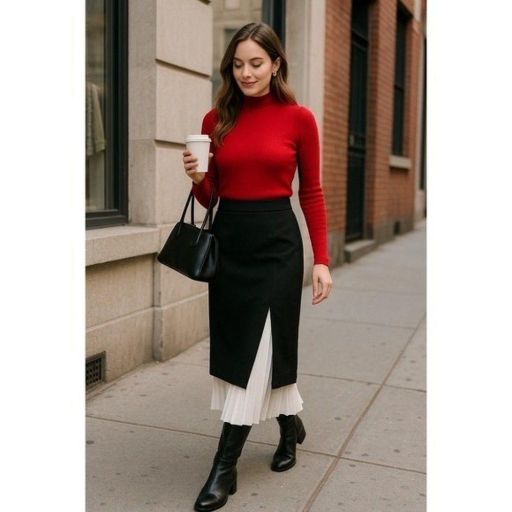 Commense Pleated Midi Skirt Black White Color Block Layered Skirt size XS - Picture 3 of 15